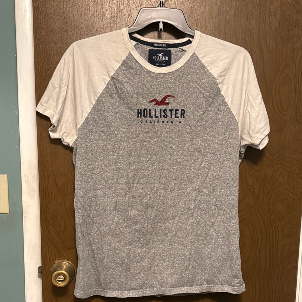 Hollister Gray Heather Raglan Tee with Cream Sleeves & Red Logo